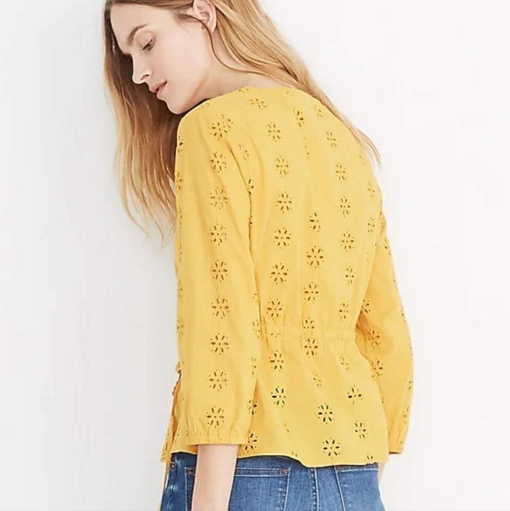 Madewell Scalloped Eyelet Wrap Blouse Mustard Yellow Boho Top - Picture 15 of 15